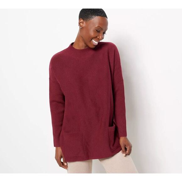 Modern Soul Mock Neck Tunic Sweater Oversized XS S Red Burgundy Pockets - Picture 1 of 11